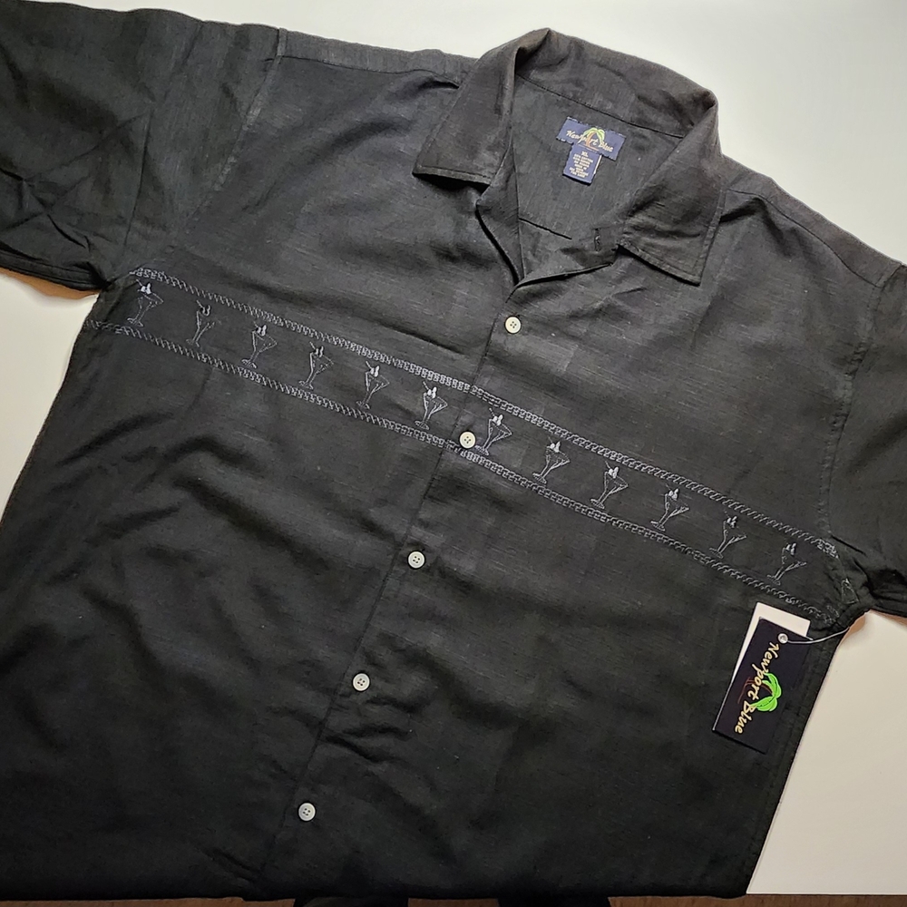 Vintage Newport Blue Black Short Sleeve Shirt with Subtle Martini Embroidery
